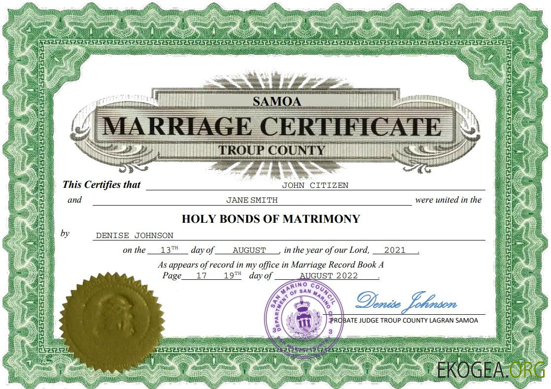 Modèle Word et PDF d'acte de mariage aux Samoa